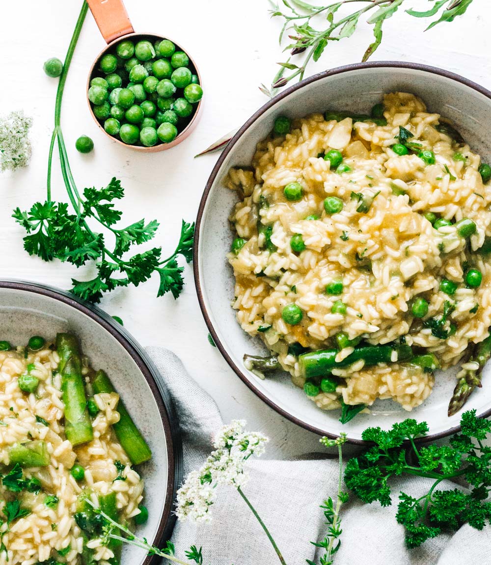 Vegan Risotto with Peas and Asparagus - Gina Gibson