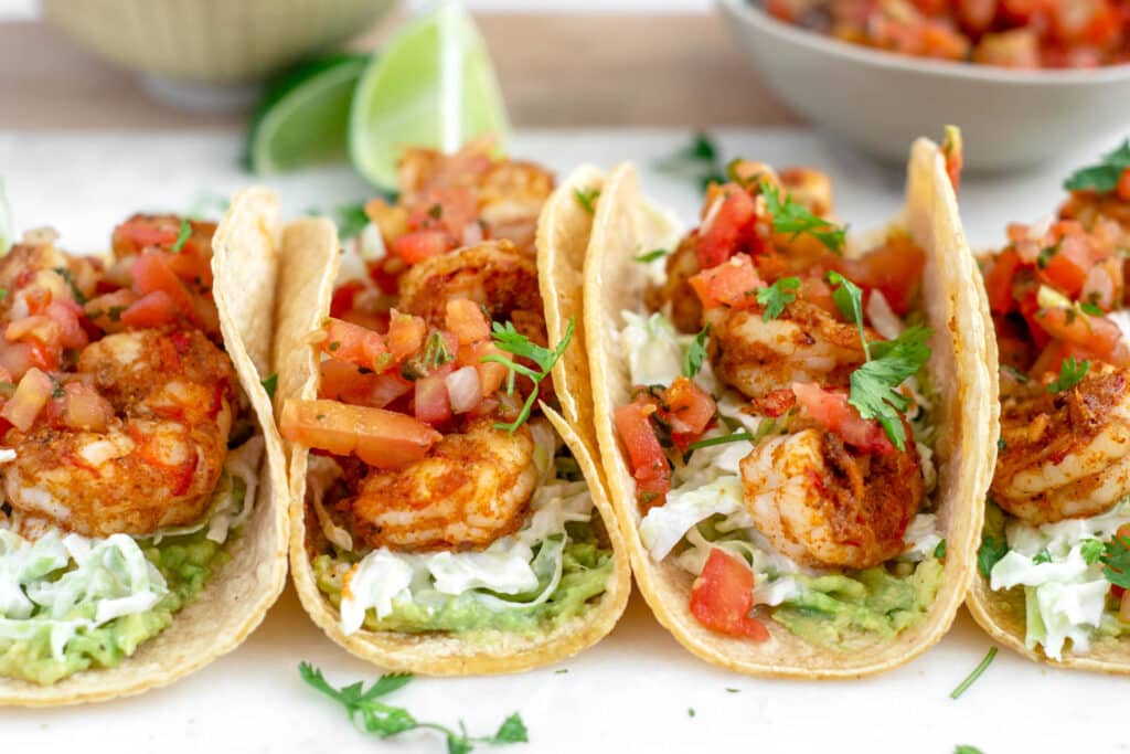 Shrimp Tacos with Slaw and Mashed Avocado - Gina Gibson