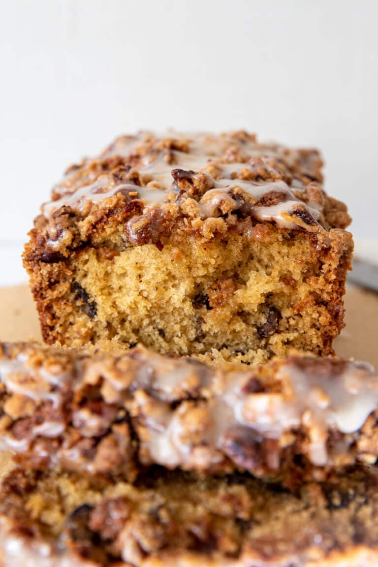 Butter Pecan Coffee Cake Loaf with Brown Butter Maple Glaze